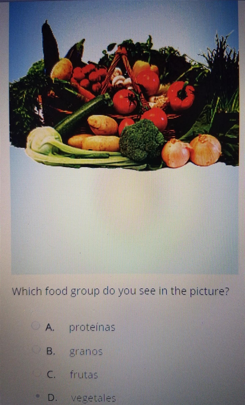 Which food group do you see in the picture? A. proteinas B. granos C. frutas D. vegetales-example-1