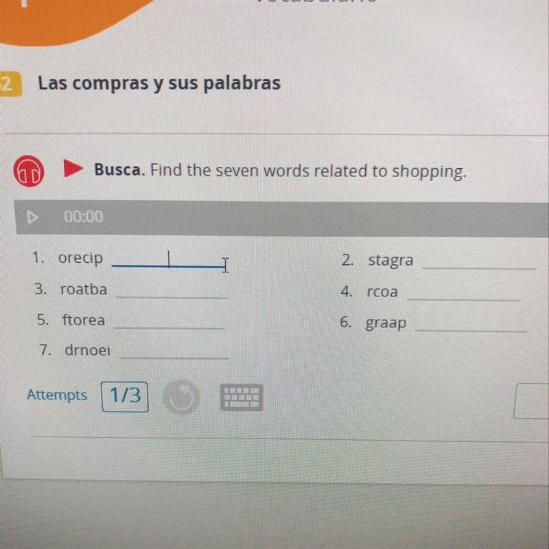 Find the seven words to shopping. Spanish scramble-example-1