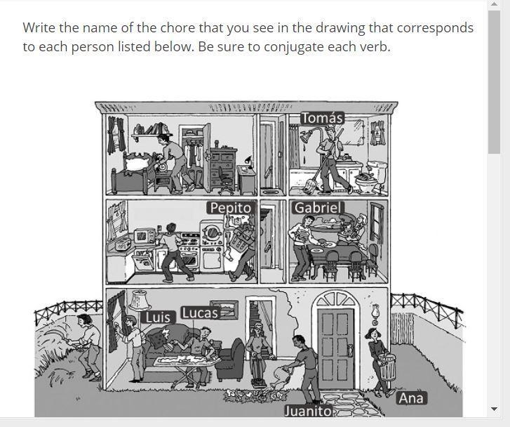 Write the name of the chore that you see in the drawing that corresponds to each person-example-1