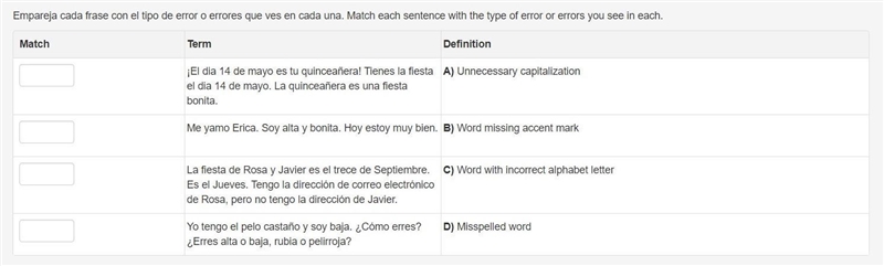 Empareja cada frase con el tipo de error o errores que ves en cada una. Match each-example-1