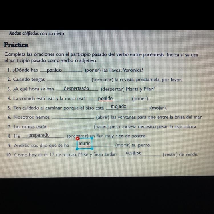 Completa las oraciones con el participio pasado del verbo entre parentesis. Indica-example-1