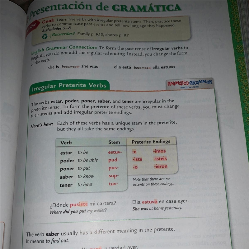 Give an example (sentence in Spanish) of each concept learned: 1. Describe past activities-example-1