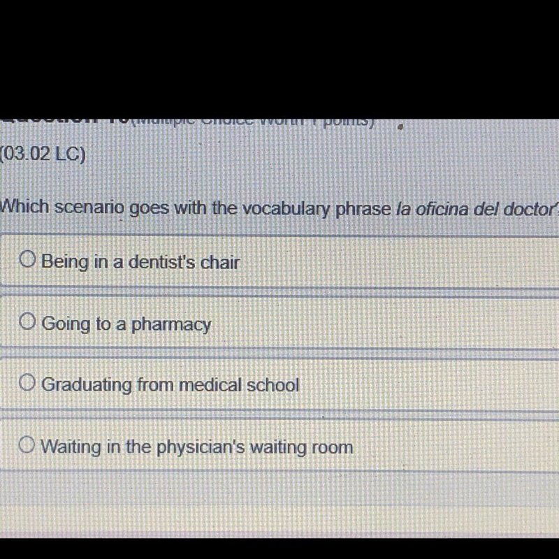 Which scenario goes with the vocabulary phrase la oficina del doctor?-example-1