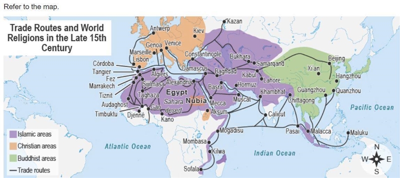 Which of the following best describes the effects of the trade routes on the societies-example-1