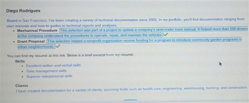 Which two parts of this online technical writing portfolio provide writing sample-example-1