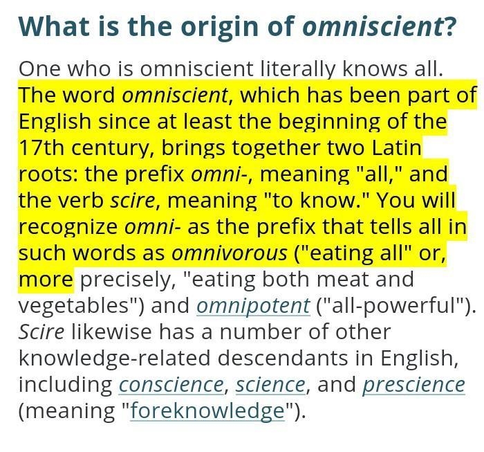 Based on the definition of the Latin roots which of the meaning of the word omniscient-example-1