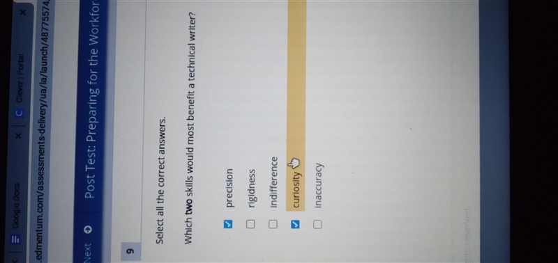 Which two skills would most benefit a technical writer? 1. Precision 2. Rigidness-example-1