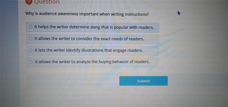 Why is audience awareness important when writing instructions? 1. It helps the writer-example-1