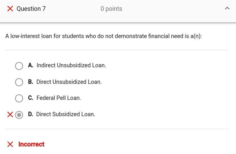 A low-interest loan for students who demonstrate financial need is a(n): A. Indirect-example-1