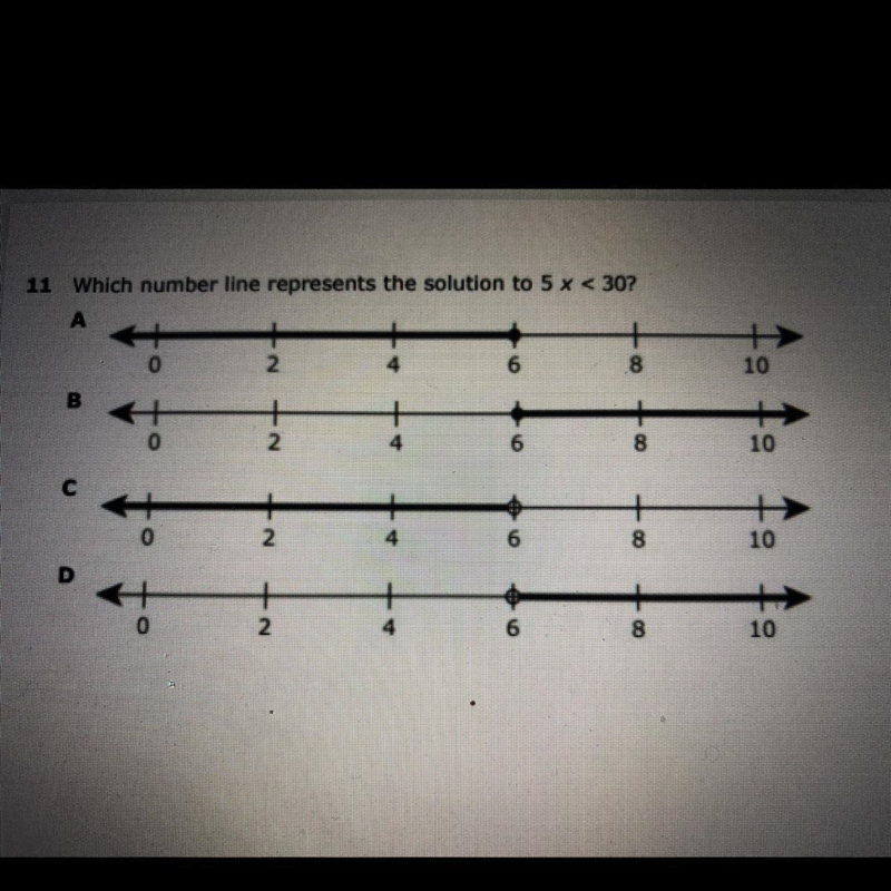 Which number line represents the solution to 5 x < 30?-example-1