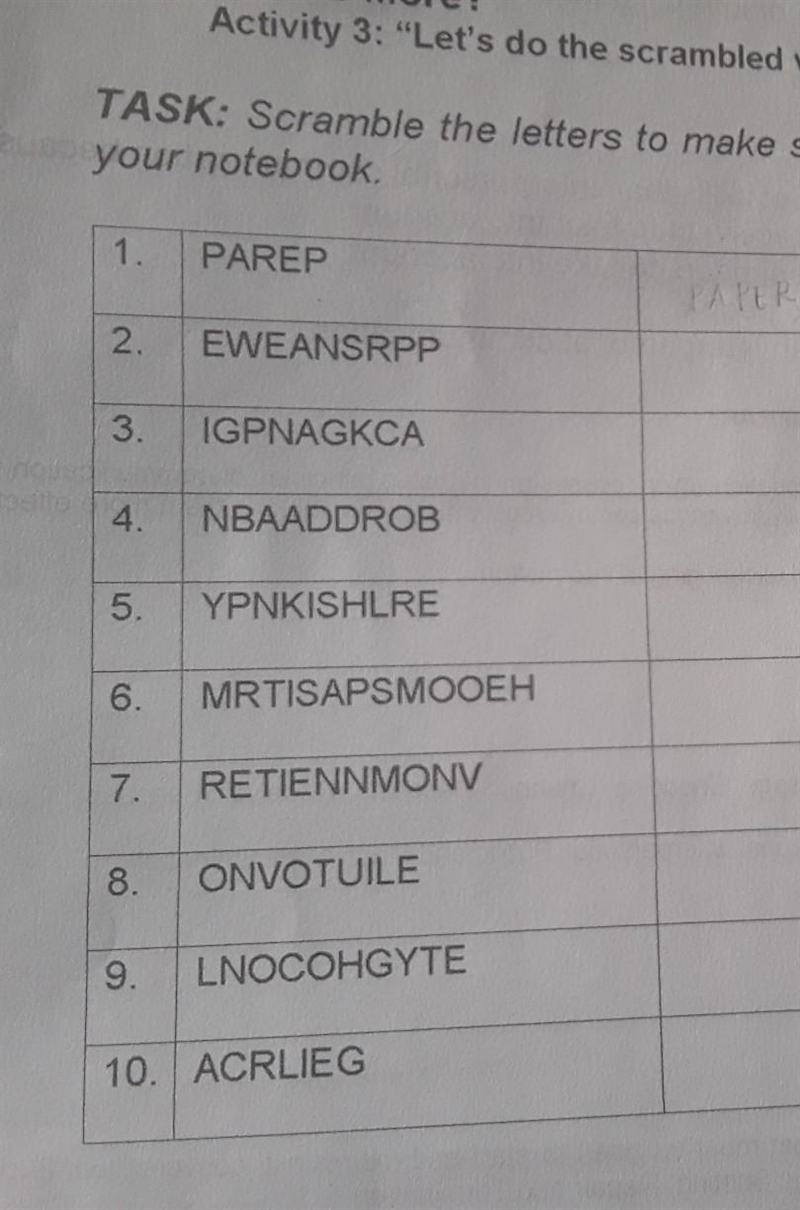 Pa help po ORAL TASK:scramble the letters to make sensible answers.​-example-1