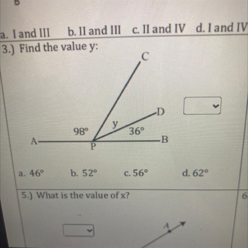 3.) Find the value y: a. 46° b. 52° c. 56° d. 62°-example-1