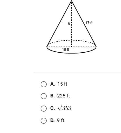 A right cone has a slant height of 17 feet and the diameter of the base is 16 feet-example-1