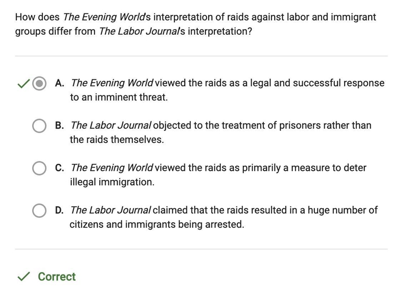 How does The Evening World's interpretation of raids against labor and immigrant groups-example-1