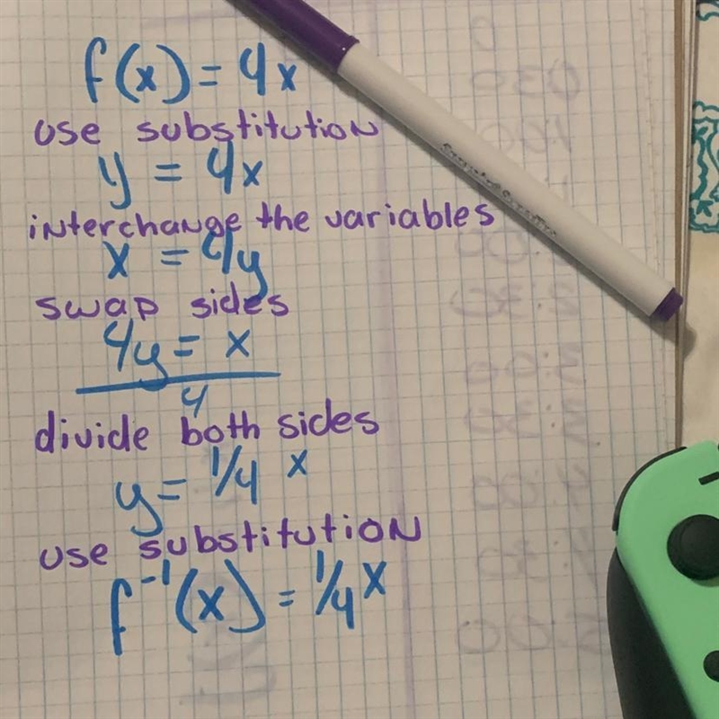 Which represents the inverse of the function f(x) = 4x? • h(x) = X + 4 ® h(x) = X-example-1