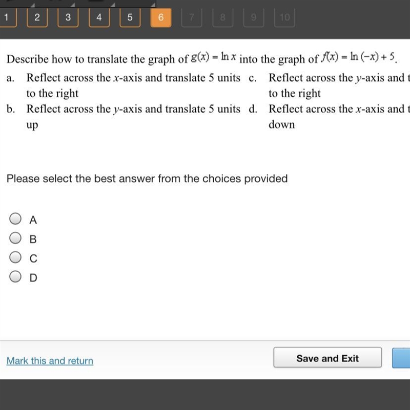 Describe how to translate the graph of g(x)=ln x into the graph of f(x)=ln(-x)+5.-example-1