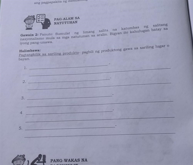 Sumulat ng limang salita na katumbas ng salitang nasyonalismo mula sa mga natutunan-example-1