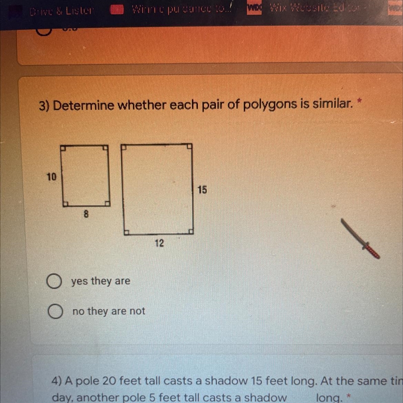 3) Determine whether each pair of polygons is similar. 10 15 8 12 yes they are no-example-1