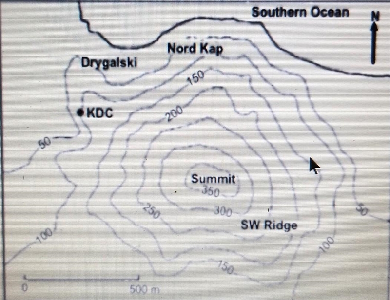 the elevation of the summit in the image above is 350 meters. A hiker leaves point-example-1