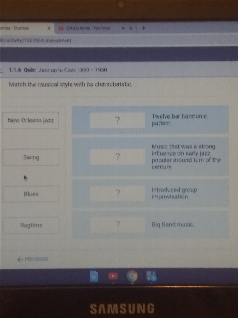 Match the musical style with its characteristic. 1. Blues 2. Swing 3. New Orleans-example-1