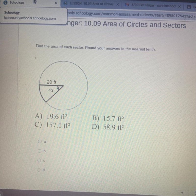 Find the area of sector. Round your answers to the nearest tenth.-example-1