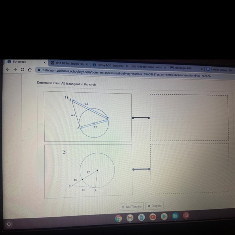 Determine if line AB is tangent to the circle.-example-1