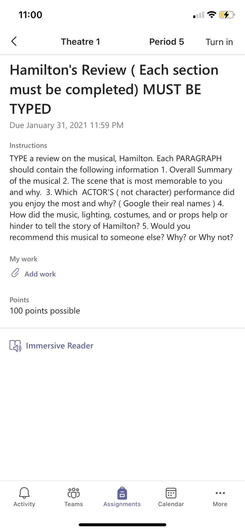 TYPE a review on the musical, Hamilton. Each PARAGRAPH should contain the following-example-1