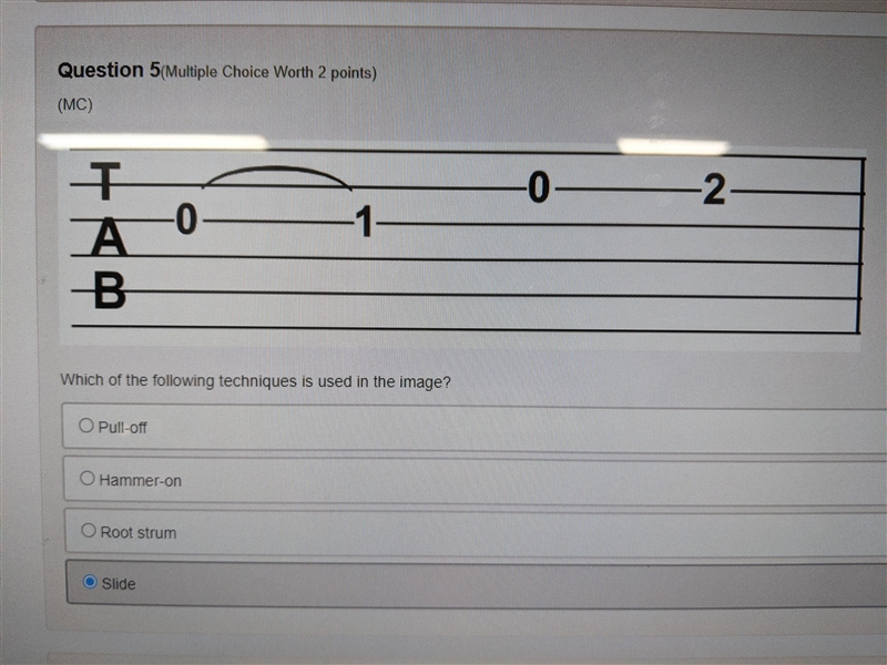 Which of the following techniques is used in the image? Pull-off Hammer-on Root strum-example-1