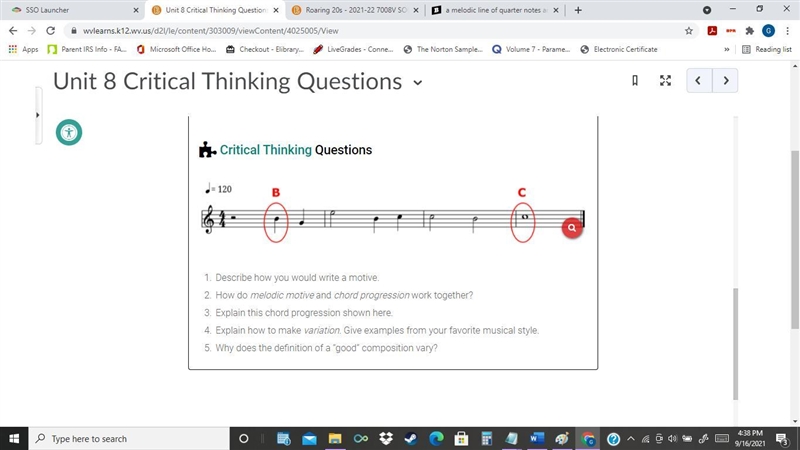 A melodic line of quarter notes and half notes starts on the note B and ends on the-example-1