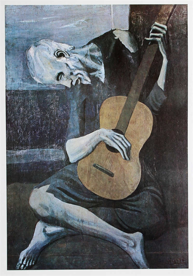 Picasso chose this color scheme to convey a sorrowful scene in The Old Guitarist. A-example-2