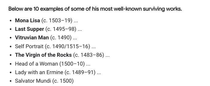 Leonardo DaVinci painted prominent works which include ___________ , ________________ and-example-1