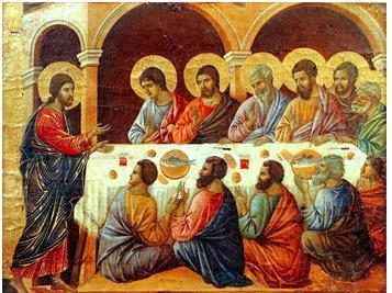 Look at this painting by Duccio. This painting departs from earlier medieval art because-example-1