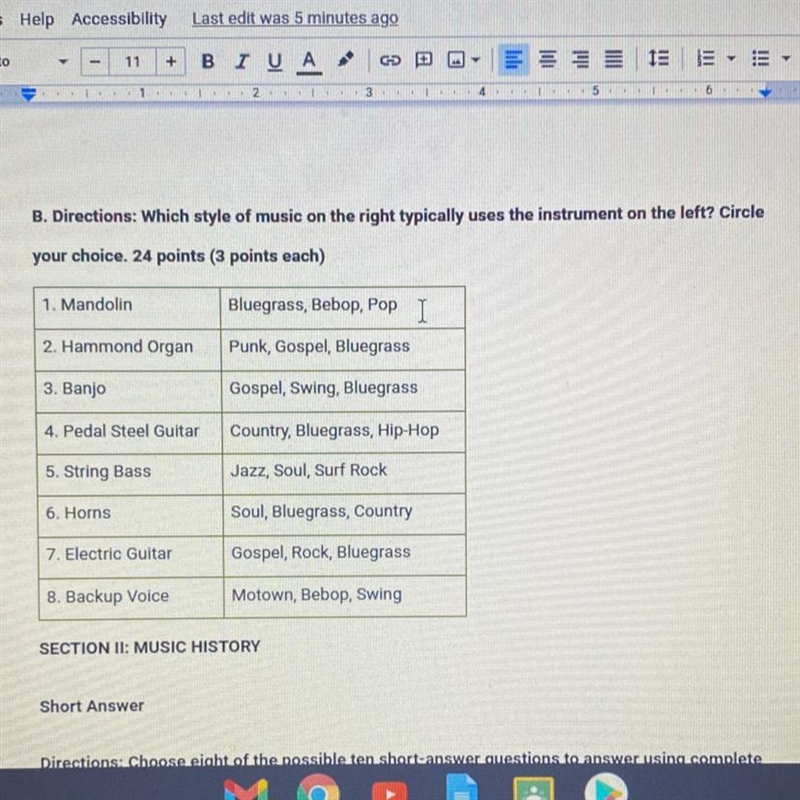 B. Directions: Which style of music on the right typically uses the instrument on-example-1