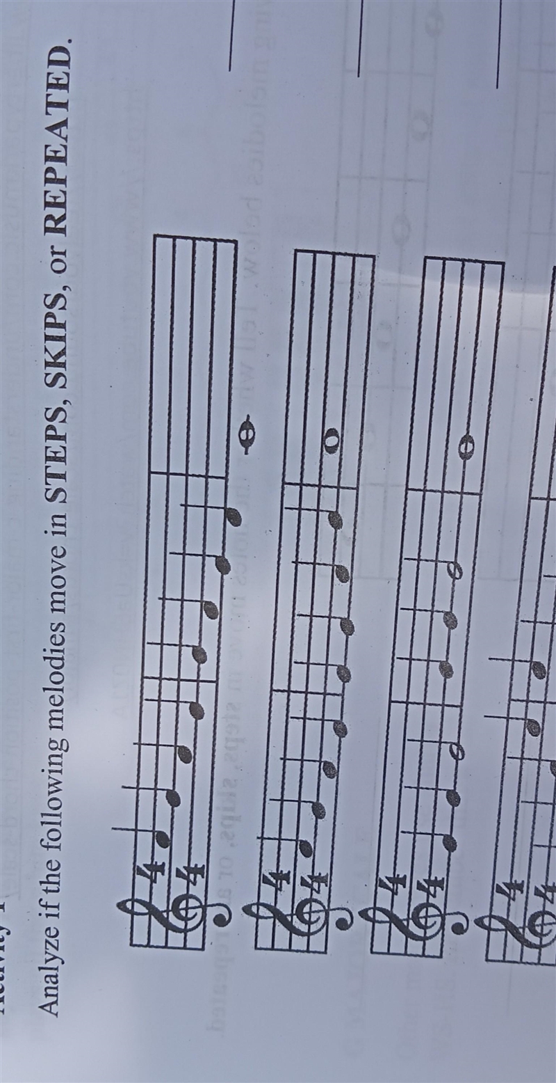 PART II: Activity 1 Analyze if the following melodies move in STEPS, SKIPS, or REPEATED-example-1