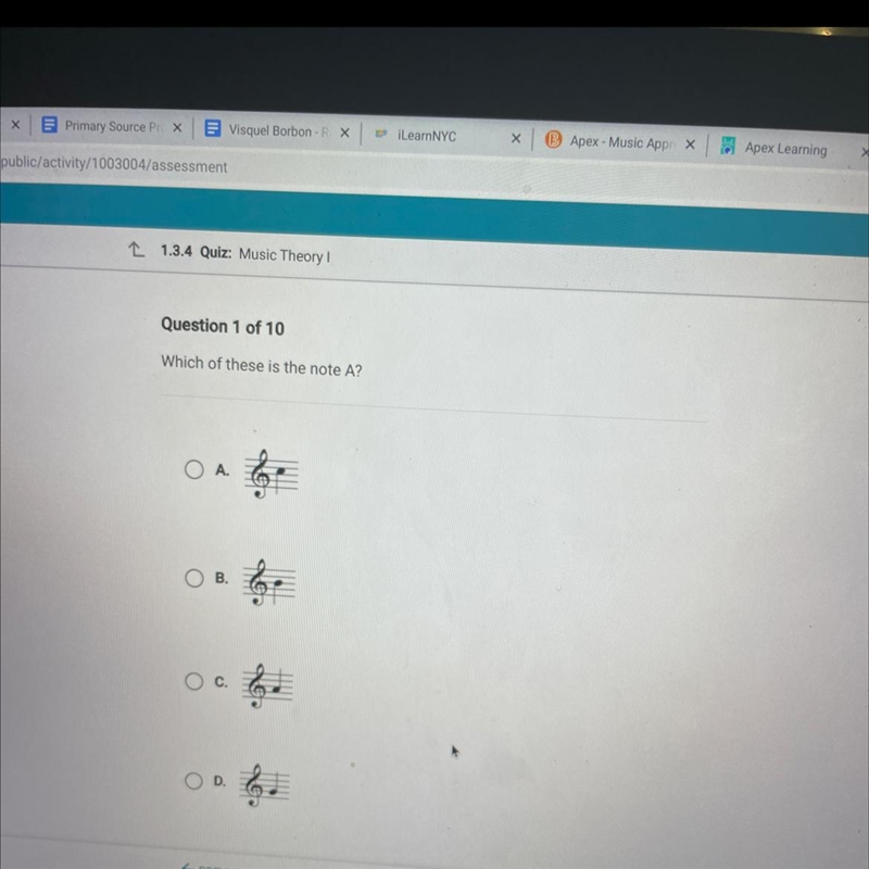 Question 1 of 10 Which of these is the note A? O A. B. 90. c. 90. MAT a 9. HA-example-1