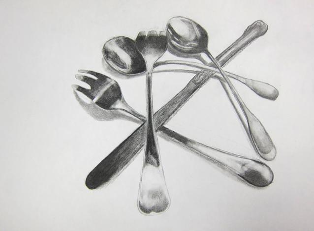 50 POINTS!! Artfully arrange a pile of shinny silverware and then draw or render in-example-1