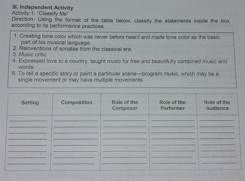 III. Independent Activity Activity 1. "Classify Me" Direction: Using the-example-1