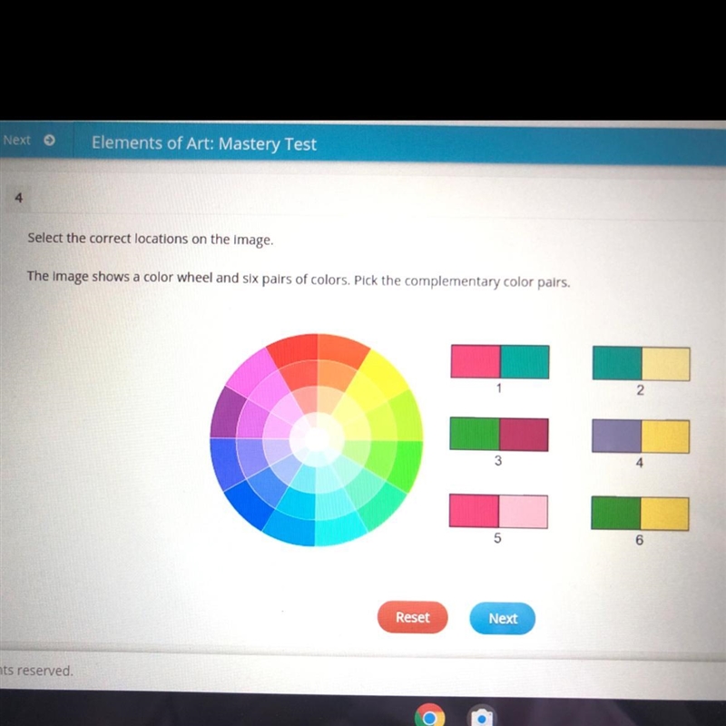 The image shows a color wheel and six pairs of colors which of the complementary color-example-1