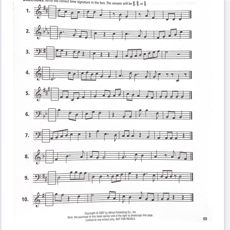 Write the correct time signatures in the box. The answer will be 2/4, 3/4 or 4/4.-example-1