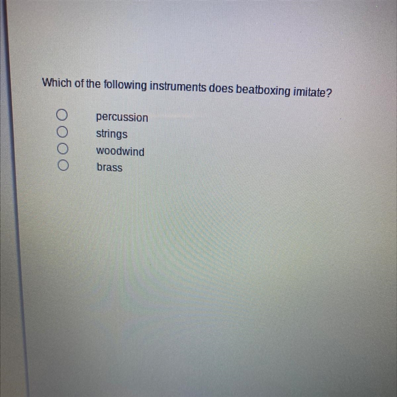 Which of the following instruments does beatboxing imitate? oooo percussion strings-example-1