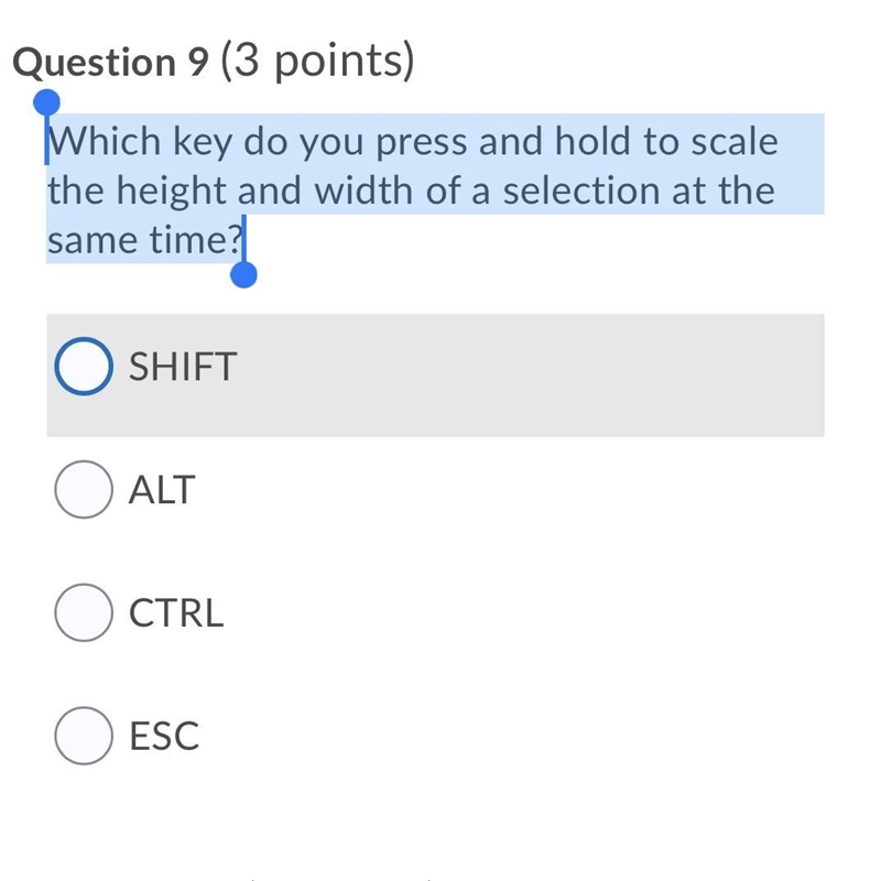 Which key do you press and hold to scale the height and width of a selection at the-example-1