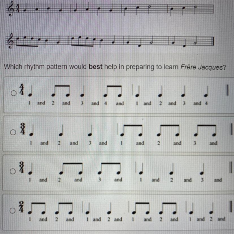 Which rhythm pattern would best help in preparing to learn Frère Jacques?-example-1