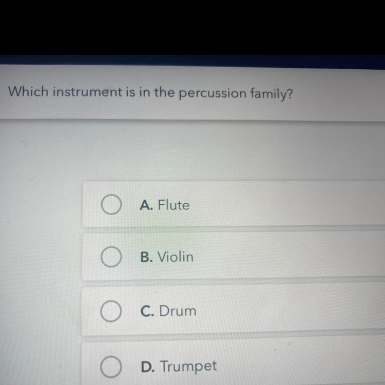 Which instrument is in the percussion family A. Flute B. Violin C. Drum D. Trumpet-example-1