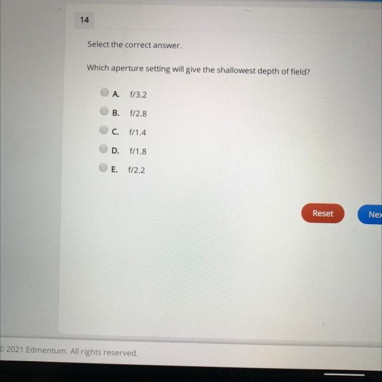 Help ASAP Select the correct answer. Which aperture setting will give the shallowest-example-1