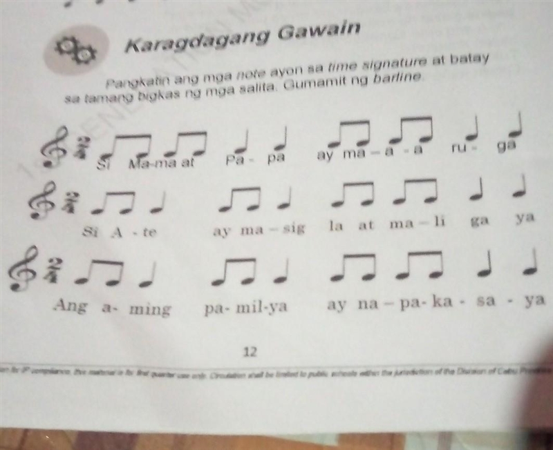 Ad Karagdagang Gawain Pangkatin ang mga note ayon sa tine signature at batay sa tamang-example-1