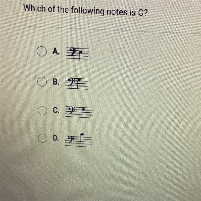 Which of the following notes is G? O A ZE B. C. OD.-example-1