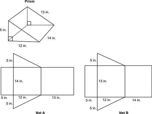 PLEASE HELP! ITS TIMED!!!!!!!!!!! A triangular prism and two nets are shown: Which-example-1