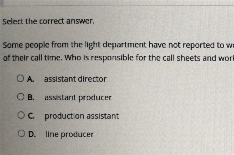 Select the correct answer. Some people from the light department have not reported-example-1