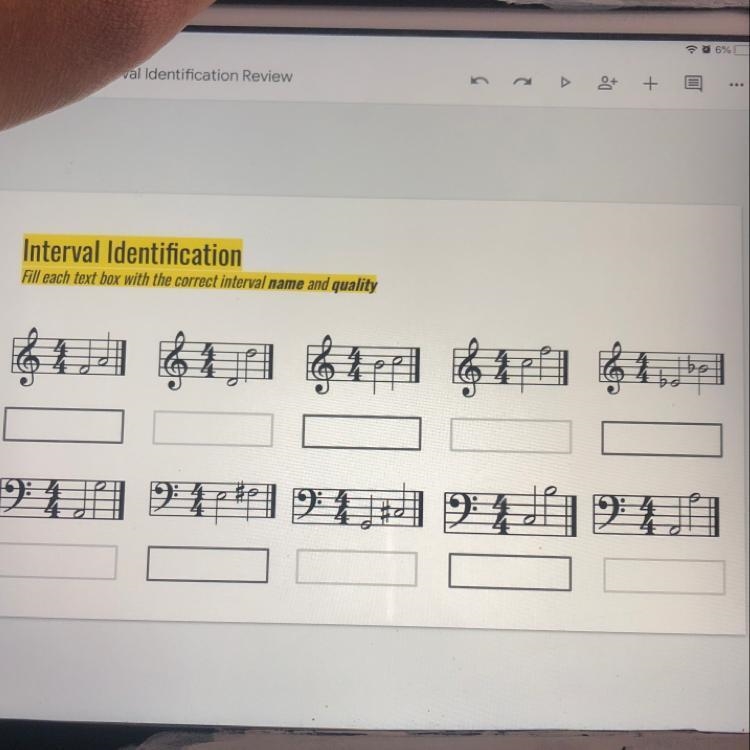 Music Theory help!! Interval Identification Fill each text box with the correct interval-example-1