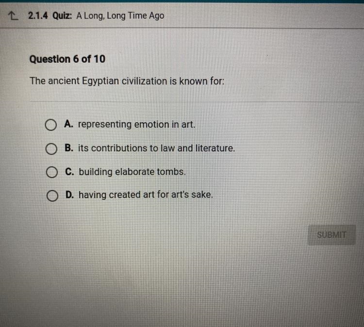 The ancient Egyptian civilization is known for: A. representing emotion in art. B-example-1